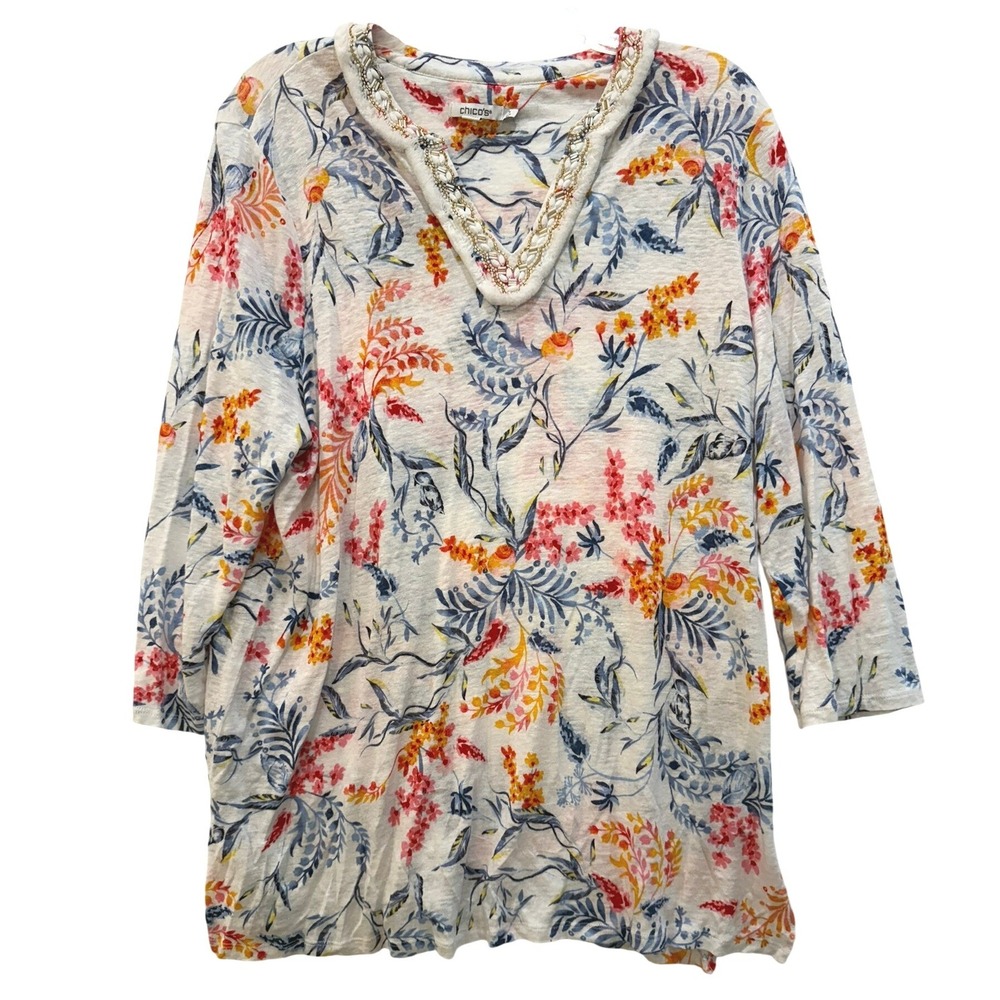 Chicos 100% Linen Floral Beaded V-Neck Top White Pink Orange Blue Size‎ 3 XL